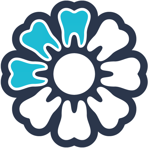 A blue and white flower with teeth in the center.